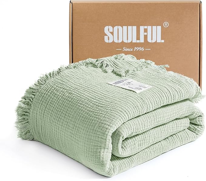 SOULFUL Muslin Throw Blanket with Tassels - Soft Cotton Throw Blanket for Couch or Bed, Lightweight and Breathable Gauze for All Seasons, Grassgreen, 50" x 60"