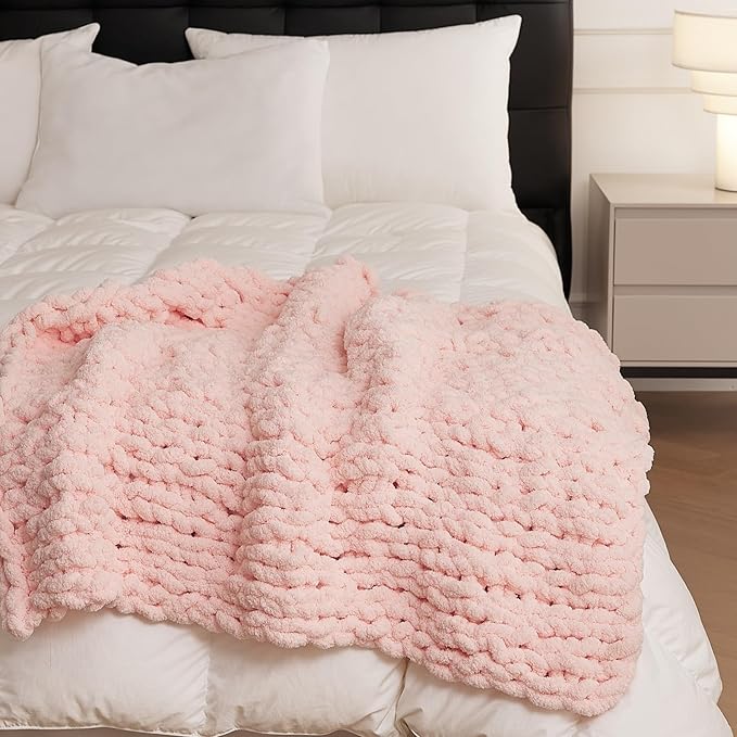 Luxury Chunky Knit Blanket Throw, Handmade Thick Chenille Yarn Throw 40"x40", Blush Pink Cable Knit Crochet Blanket, Decorative Cozy and Soft Crochet Throw Blanket for Couch Home Decor