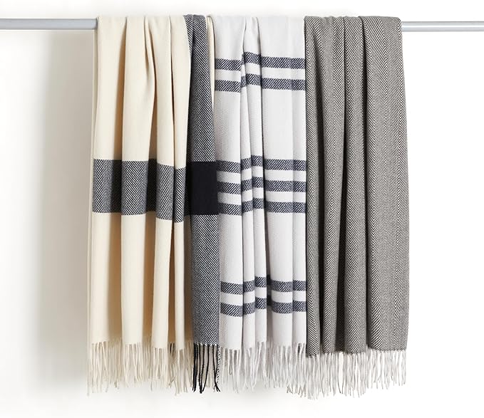 Amazon Basics Chunky Knit Throw Blanket, Lightweight Polyester with Textured Cross-Check Pattern and Fringed Edges, 50 x 60 Inch, Ivory with Blue