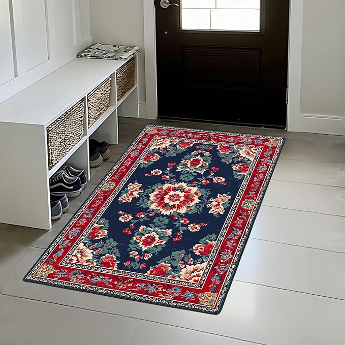 Area Rug 2x3 ft Entry Rug Washable Boho Rugs Non Slip Low Pile Floral Door Mat Small Carpet for Bedroom, Bedside, Kids Room,Dining Room
