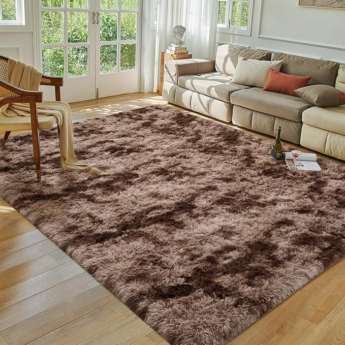 Softlife Area Rug for Living Room, Fluffy Shag Plush 6x9 Brown Rugs for Bedroom Girls Kids, Shaggy Soft Fuzzy Tie Dyed Large Carpet for Dorm Bedside Ultra Cozy Non-Slip Indoor Decor