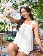 Ekouaer Women's Pajamas Sets 2 Piece Bow Bridal Pajama Cute Tank Top and Shorts Pjs Soft Ruffle Sleepwear XS-2XL