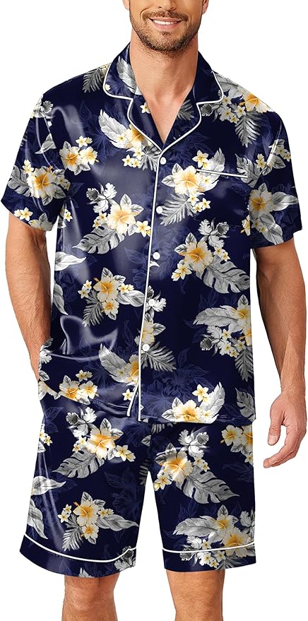 Ekouaer Mens Pajamas Set Silk Satin Sleepwear Short Sleeve Button Down Pjs Set 2 Piece Loungewear with Pockets S-XXL