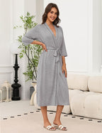 Ekouaer Robes for Women Long Knit Bathrobe Lightweight 3/4 Sleeves Kimono Robe Soft Sleepwear with Pockets S-XXL