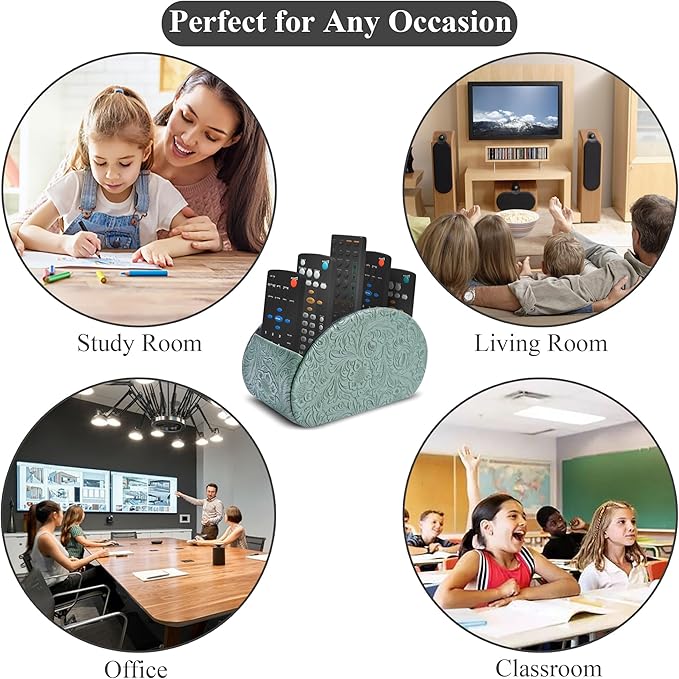 QIELIZI Remote Control Holder, PU Leather Remote Caddy Desktop Organizer with 5 Spacious Compartments for TV Remotes/Media Controllers/Office Supplies (1-Carved3 Green1