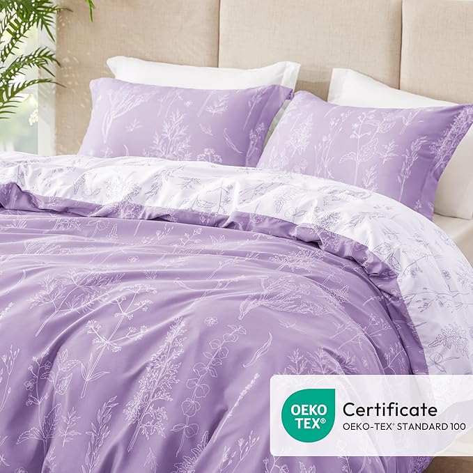 Love's cabin Lavender Comforter Set Queen - Queen Size Comforter Set, 3 Pieces Cute Floral Bedding Sets for All Seasons,1 Soft Reversible Botanical Flowers Comforter and 2 Pillow Shams
