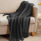 LOMAO Knitted Throw Blanket with Tassels Bubble Textured Lightweight Throws for Couch Cover Home Decor (Black, 60x80)