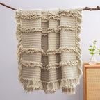 Ultra Soft Pre-Washed Quilted Boho Throw Blanket, Ruffle Fringed Beige Decorative Throw, Stone Washed Chic Rustic Blanket for Sofa Couch Bed Chair, 50"x 60"