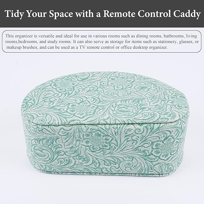 QIELIZI Remote Control Holder, PU Leather Remote Caddy Desktop Organizer with 5 Spacious Compartments for TV Remotes/Media Controllers/Office Supplies (1-Carved3 Green2