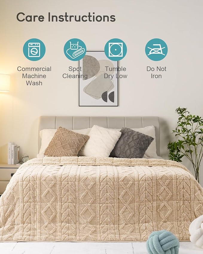Cottonblue Jacquard Weighted Blanket 20 lbs for Adults Queen Size, Ultra Soft Sherpa Fleece Blanket for Relax and Sleep, Cozy Comfort Heavy Bed Blankets with Glass Beads, 60x80 Inches, Beige
