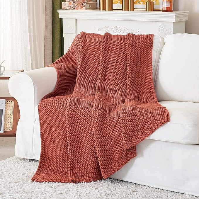 Chunky Cable Knit Throw Blanket Lightweight Rust 100% Organic Cotton Blanket for Sofa Couch Bed Baby Nursery, Rustic Shabby Chic Modern Farmhouse, 60” x 80” Give Laundering Bag