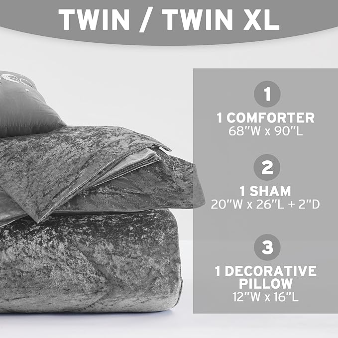 Intelligent Design Twin Comforter Set, Velvet Comforter Set , Luxury Diamond Quilting Comforter Set, Fluffy Comforter Bed Set with Decorative Pillowand 1 Sham, 3 Piece Grey, Twin/Twin XL