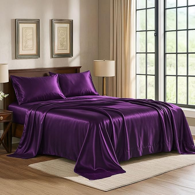 Pure Bedding Satin Sheets Full [4-Piece, Purple] Hotel Luxury Silky Bed Sheets - Extra Soft 1800 Microfiber Sheet Set, Wrinkle, Fade, Deep Pocket Fitted Sheet, Flat Sheet, Pillow Cases