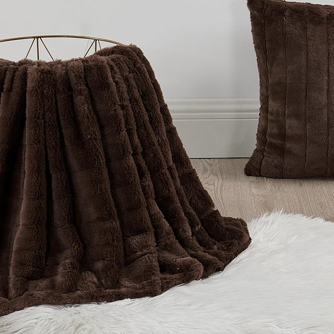 Striped Throw Blanket and Pillow Covers Set (No Inserts) for Couch and Bed, Plush Warm Lightweight Fuzzy Faux Fur Blanket for All Seasons (60" x 80", Coffee Brown)
