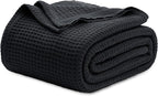 Bedsure Gentlesoft 100% Cotton Blanket Queen Size for Bed - Cooling Breathable and Soft for Spring Summer, Thick Cozy Waffle Weave Blanket Gifts for Women, Black, 90x90 Inches