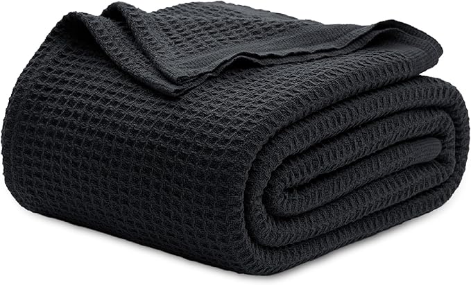 Bedsure Gentlesoft 100% Cotton Blanket Queen Size for Bed - Cooling Breathable and Soft for Spring Summer, Thick Cozy Waffle Weave Blanket Gifts for Women, Black, 90x90 Inches