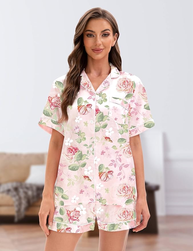 EPLAZA Silk Pajamas for Women Satin Pajamas Set 5 Pcs Long Sleeve Print Pattern Button Down Pjs Sleepwear Loungewear Set