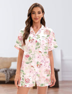 EPLAZA Silk Pajamas for Women Satin Pajamas Set 5 Pcs Long Sleeve Print Pattern Button Down Pjs Sleepwear Loungewear Set
