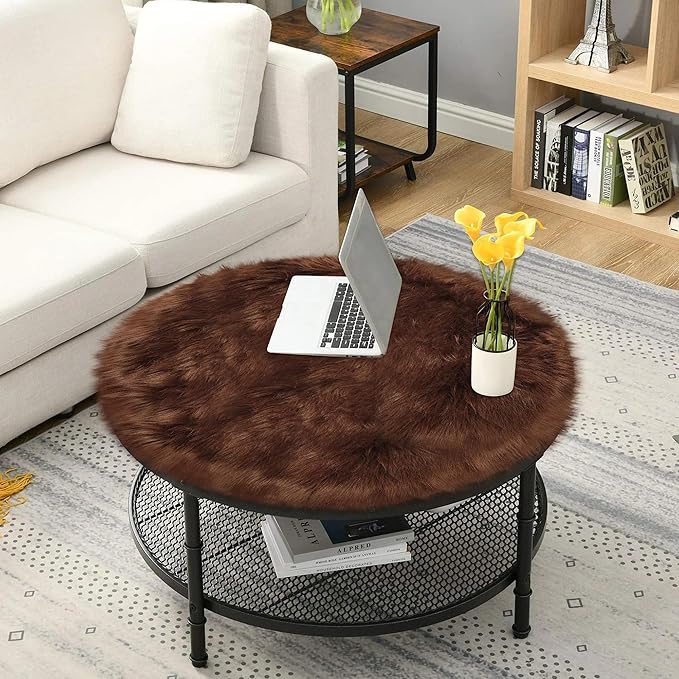 3ft Small Round Brown Rug,Thick Furry Fluffy Carpet for Teen,Sheepskin Fur Shaggy Circular Rug for Indoor Bedroom Room Living Room Nursery Decor Chair