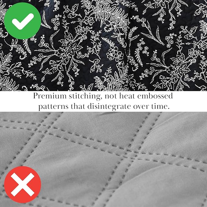 Southshore Fine Living, Inc. Oversized Bedding Quilt Set, Twin XL Coverlet, Reversible Quilt, Lightweight Coverlet Twin XL, Floral Bedspread 2-Piece Set with One Matching Quilted Pillow Sham, Black