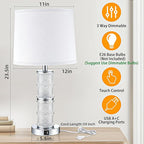 GRUENLICH Crystal Table Lamp Set of 2, 3-Way Dimmable Nightstand Lamp with Touch Control, USB C+A Charging Ports for Living Room Bedroom End Tables Office and Entryway （Silver）