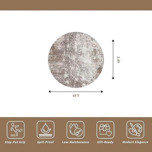 4ft Washable Kitchen Round Rug: Non-Slip Small Circle Rug for Bathroom,Living Room,Bedroom – Soft Modern Neutral Abstract Circular Carpet (Brown Beige,4x4)