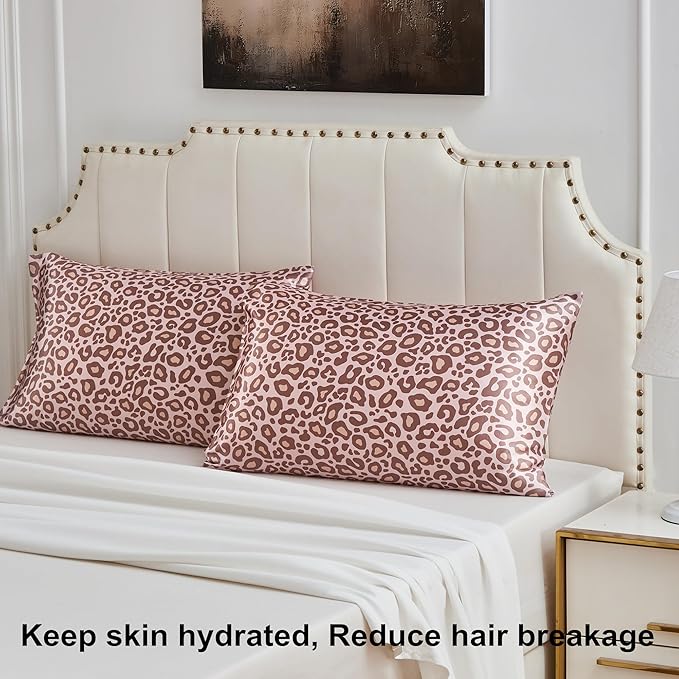 Satin Pillowcase for Hair and Skin, Super Soft Vegan Silk Sleep Set-2 Satin Pillow Cases Standard Size, 1 Eye Mask, 1 Scrunchie, Self Care Essential Satin Night Routine Kit, Pink Leopard