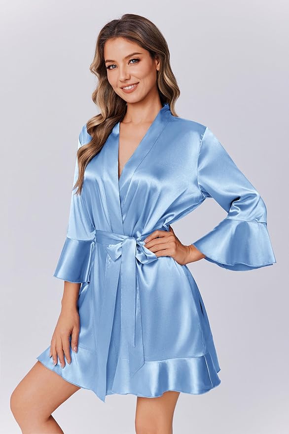 Ekouaer Women's Satin Robe Short Ruffle Hem Silky Robes Lightweight Kimono Brides Bathrobes Sleepwear XS-XXL
