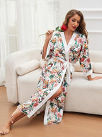 Hellomamma Womens Satin Silk Robe: Lightweight 3/4 Sleeve Comfy Floral Print Kimono Sleepwear for Bride Wedding Party Gift
