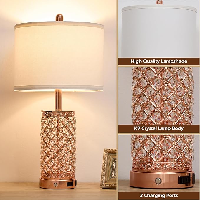 SAIWEYA Crystal Table Lamps 3-Way Dimmable Bedroom Lamp with 2 USB Ports & AC Outlets for Living Room Retro Bedside Nightstand Lamp Night Light (Rose Gold- 1 Pack 24In)