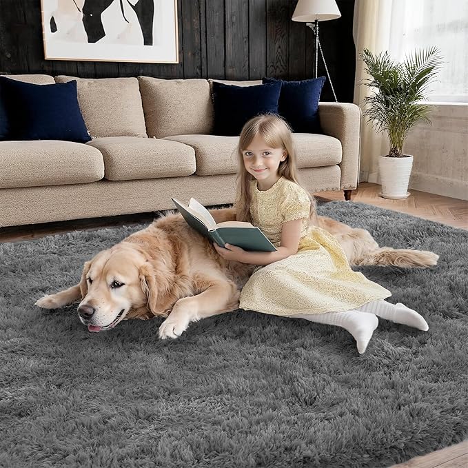 Ultra Soft Shag 3x5 Grey Area Rug – Fluffy Plush Rugs for Bedroom, Bedside, Living Room, Dorm, Kids and Girls Room, Study, Office, Playroom, Non-Slip Easy to Clean Home Décor Carpet