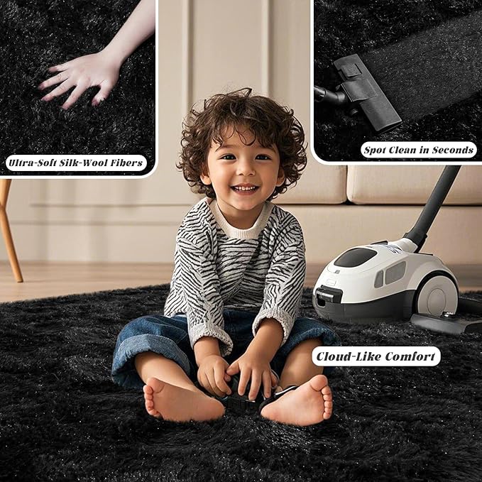 Black Rugs for Bedroom 9x12 ft Large - Ultra Soft Faux Fur Area Rug - Plush Non-Slip Shaggy Carpet for Living Room, Cozy Fluffy Rug for Kids Boys Girls Dorm Nursery Room, High Pile Floor Carpet