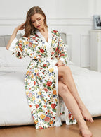 Hellomamma Womens Satin Silk Robe: Lightweight 3/4 Sleeve Comfy Floral Print Kimono Sleepwear for Bride Wedding Party Gift