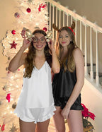 Ekouaer Satin Pajama Set for Women Silk Pjs for Women Set Camisole Top and Shorts with Ruffle Sleepwear