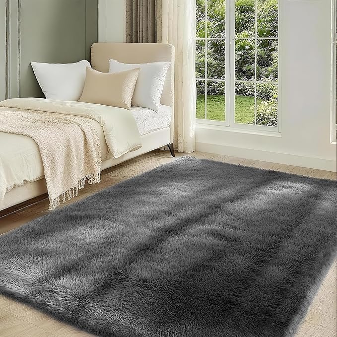 Grey Solid Plush Shag Rug 5x7 – Fluffy Soft Long Pile Indoor Non-Slip Rugs for Living Room, Bedroom, Bedside, Kids Room, Playroom, Cozy Modern Solid Color Carpet
