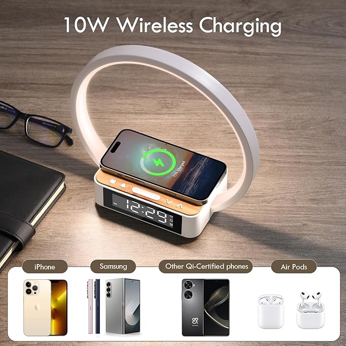WILIT Bedside Lamp with Alarm Clock,Touch Lamp with Wireless Charger,Nightlight for Bedroom,Sunrise Wake-up Light,3-Grade Dimmable,Birthday Gifts for Her,Women,Men,Mom,Daughter,Girlfriend(Wood Grain)