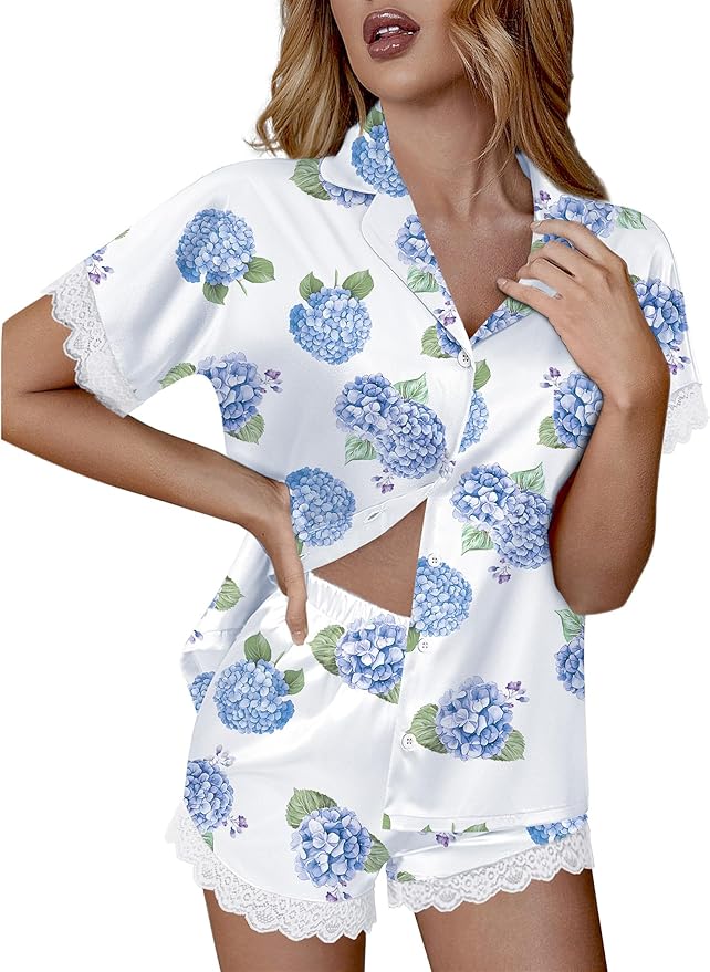 Ekouaer Womens Lace Satin Pajama Set Button Down Pj Shorts Set Bridesmaids Getting Ready Outfits Casual Sleepwear XS-XXL