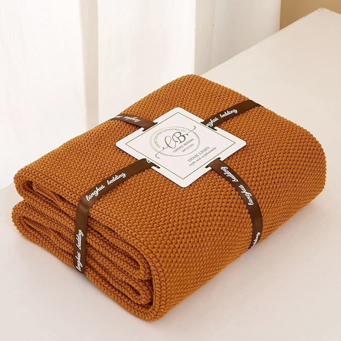 Longhui bedding Burnt Orange Cotton Cable Knit Throw Blanket for Couch Sofa Chair Bed Home Decorative, 2.5 Pounds 50 x 60 Inch Woven Throw Blankets with Bonus Laundering Bag