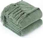 Chenille Throw Blanket for Couch with Tassels,50"X60" Soft Cozy Lightweight Knitted Boho Decorative Blankets for Bed and Sofa,Light Green