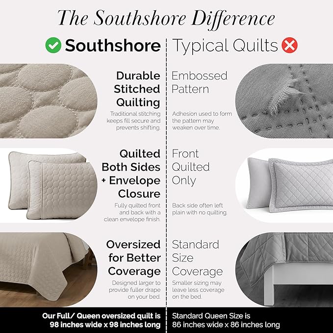 Southshore Fine Living, Inc. Oversized Full Size Quilt Bedding Set, Lightweight Bedspread, Soft Coverlet 3-Piece Set with Two Matching Quilted Pillow Shams, All Season Full/Queen Quilts, Sandy Taupe