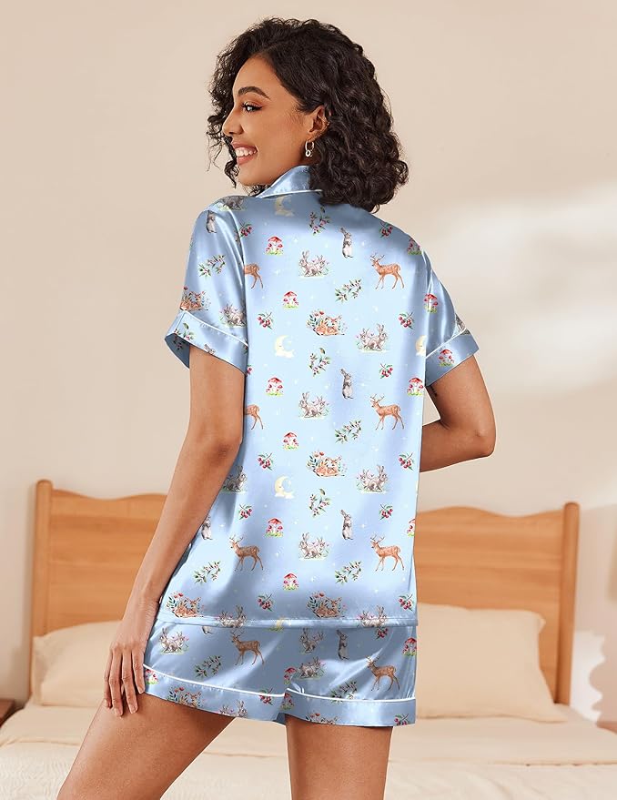Ekouaer Womens Silk Satin Pajama Sets Soft Short Sleeve Button Down Sleepwear Top and Shorts 2 Piece Pjs Lounge Set