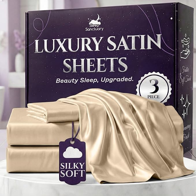 SLEEP SANCTUARY Satin Sheets Twin Size – 3 Piece Luxury Silky Bed Set, Softer Than Silk, 15" Deep Pocket, Cooling & Wrinkle-Free, Moisture-Wicking & Breathable for Hair & Skin (Ivory)