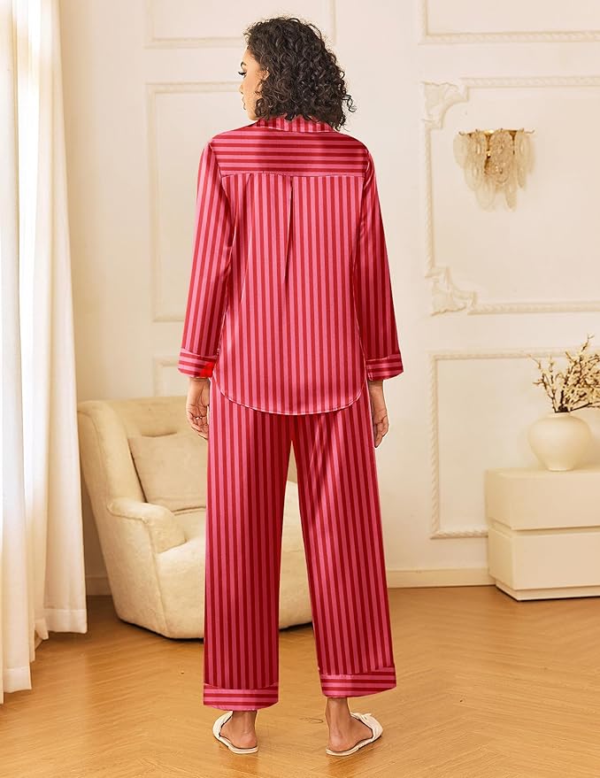 Ekouaer Womens Silk Satin Pajama Sets 2 Piece Sleepwear Pjs Set Long Sleeve Button Down Top and Pants Stripe Loungewear S-XXL