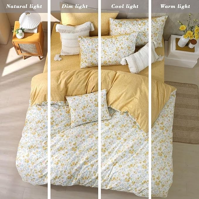 ALEISSEL Natural Cotton 3pcs Floral Comforter Sets Queen Size-Yellow Comforter with Pink & Yellow Flowers and Blue & Green Leaves on White, Reversible Lightweight Bedding Sets(Queen 90"×90")