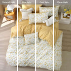 ALEISSEL Natural Cotton 3pcs Floral Comforter Sets King Size-Yellow Comforter with Pink & Yellow Flowers and Blue & Green Leaves on White, Reversible Lightweight Bedding Sets(King 104"×90")