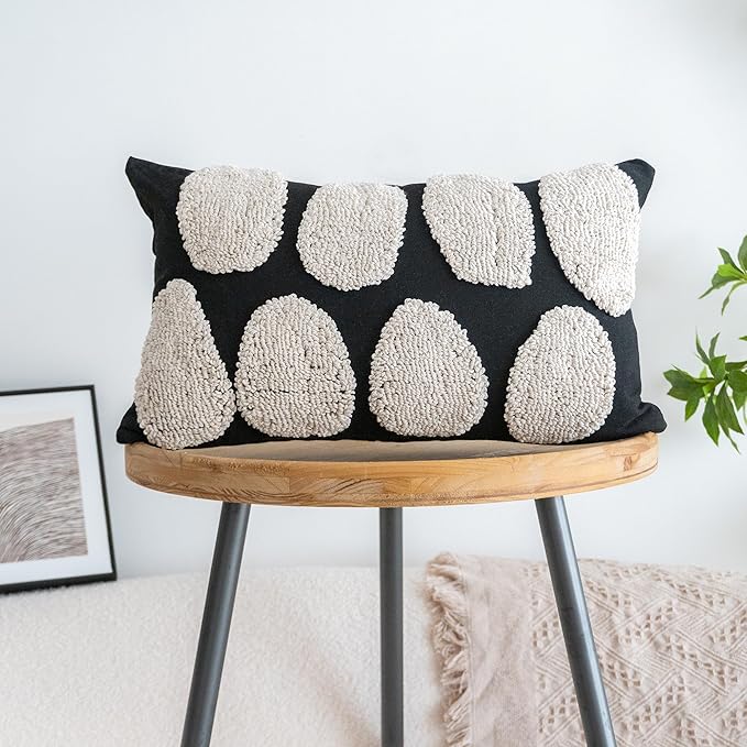 Black White Boho Chunky Tufted Pillow Cover, Neutral Decorative Oblong Throw Pillow Case, Geometric Woven Modern Sham for Bed Couch Living Room, 12x20 inches, 1PCS