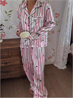 WDIRARA Women's 2 Piece Bowknot Print Satin Pajama Set Long Sleeve Button Down Lounge Pants Sleepwear Sets