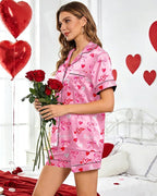 Womens Silky Pajama Sets Short Sleeve Loungewear 2 Pcs Satin Soft Pj Sets Button Down Women's Summer Sleepwear