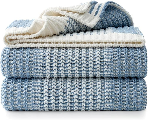 Amélie Home Premium Chenille Throw Blanket, Soft Cozy Luxury Two-Tone Knit Blanket for Couch, Sofa, Chair, Home Decor, Blue & Ivory 50"x60"