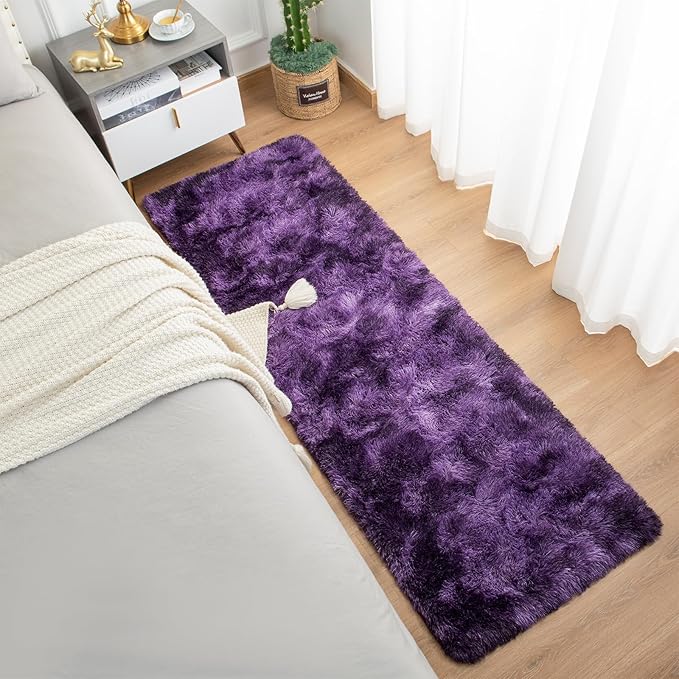 Softlife Dark Purple Area Rug for Bedroom, Fluffy Shag Plush Tie Dyed Rugs for Living Room Girls, Shaggy Throw Carpet for Kids Soft Fuzzy Runner Small 2x6 Runners for Hallways Dorm
